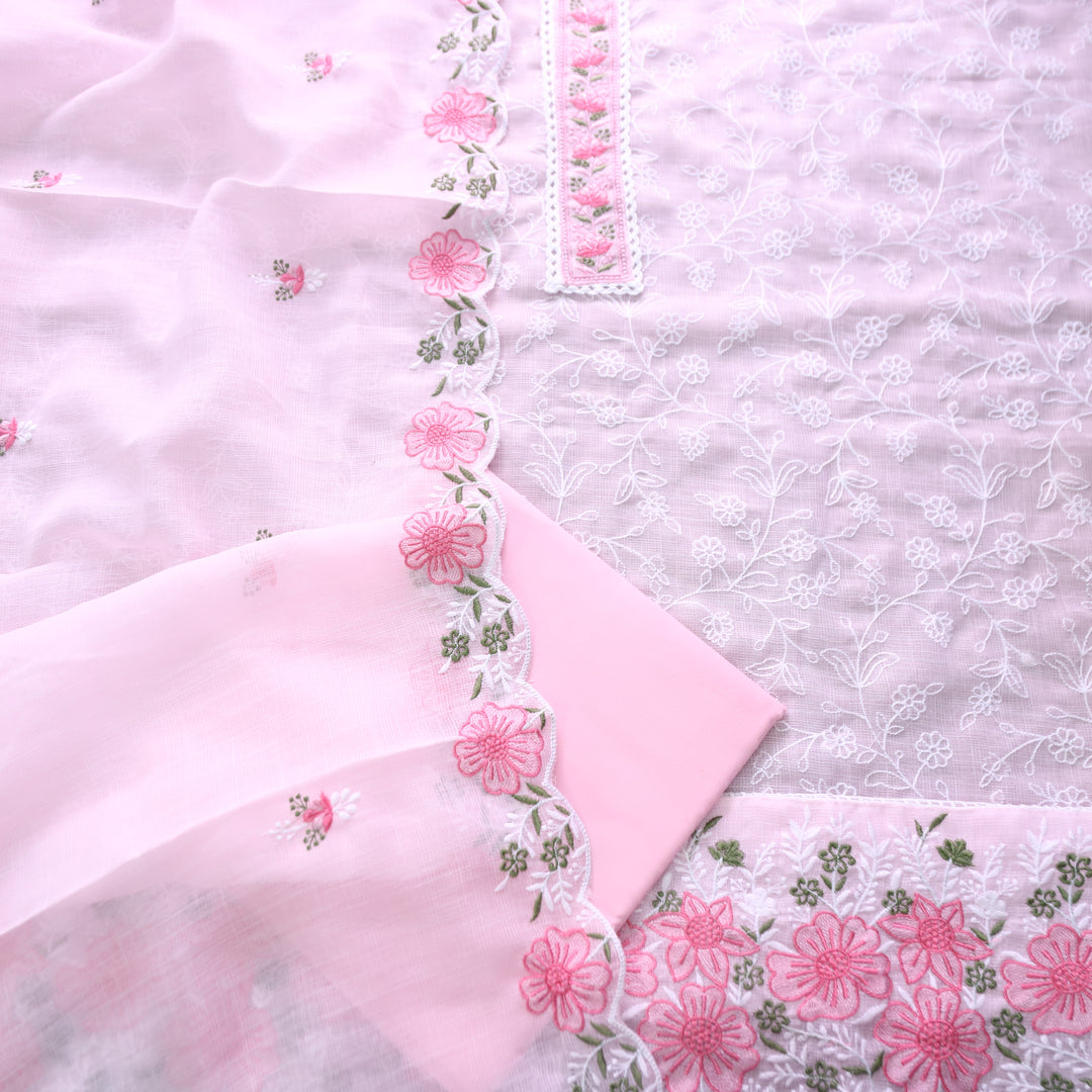 Mahi Pearl Pink Floral Lace Patch in All Over Embroidered Kota Doriya Suit Set