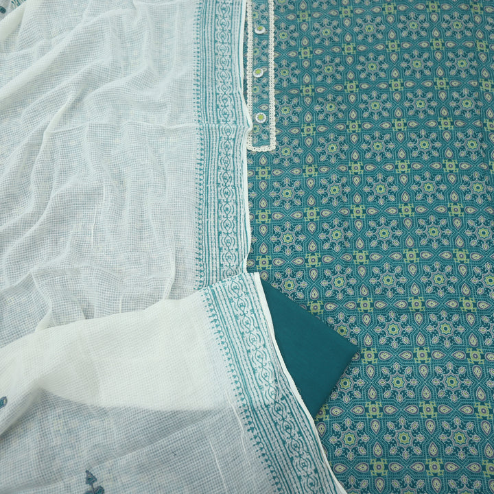 Forest Green Cotton Printed Top with Lace Work Neck and Dupatta Set