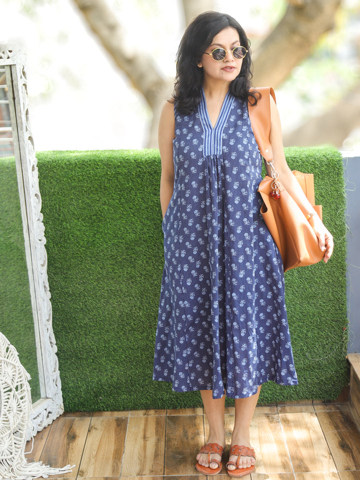 Eyana Navy Blue Running Stitch Cotton Dress