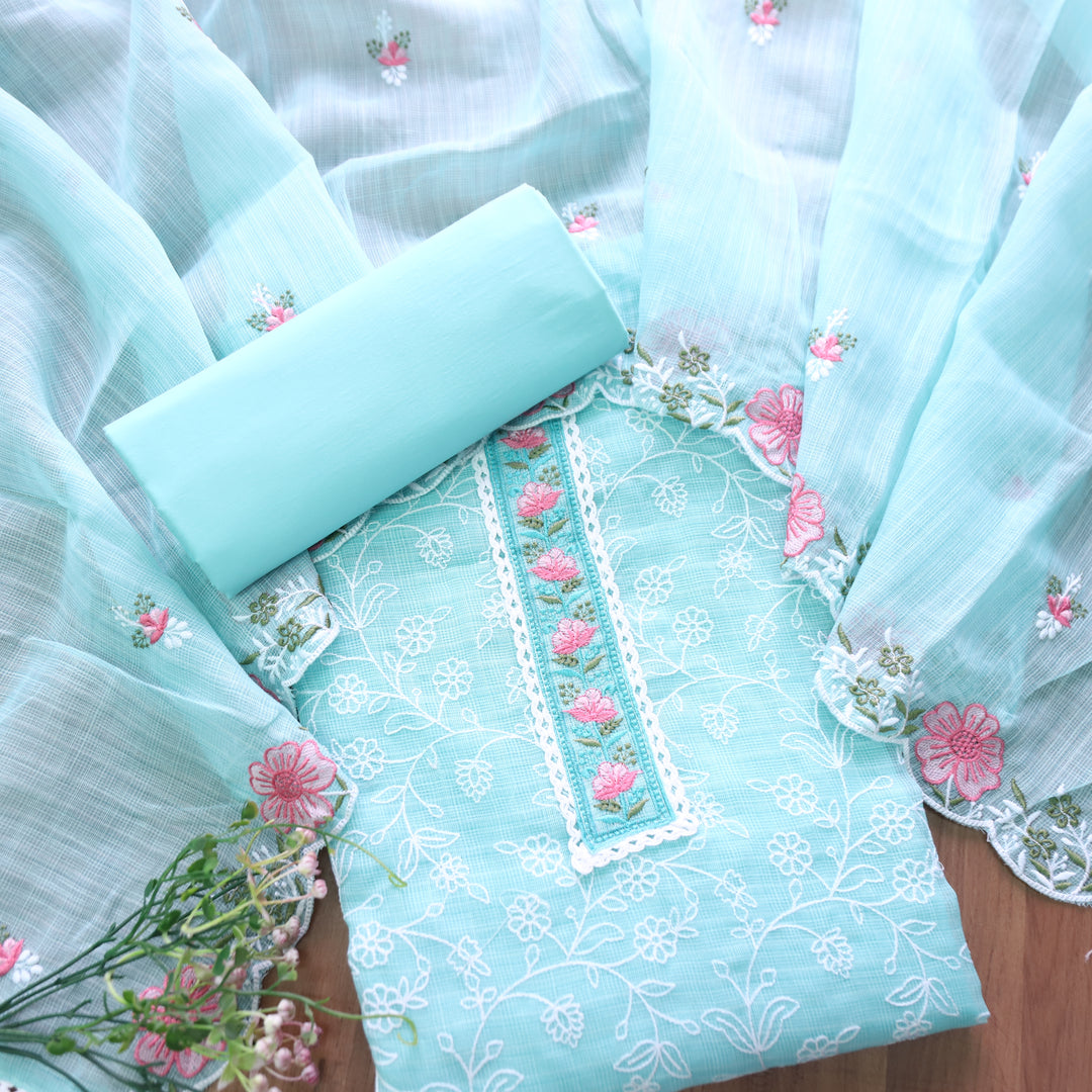 Mahi Aqua Qcean Floral Lace Patch in All Over Embroidered Kota Doriya Suit Set