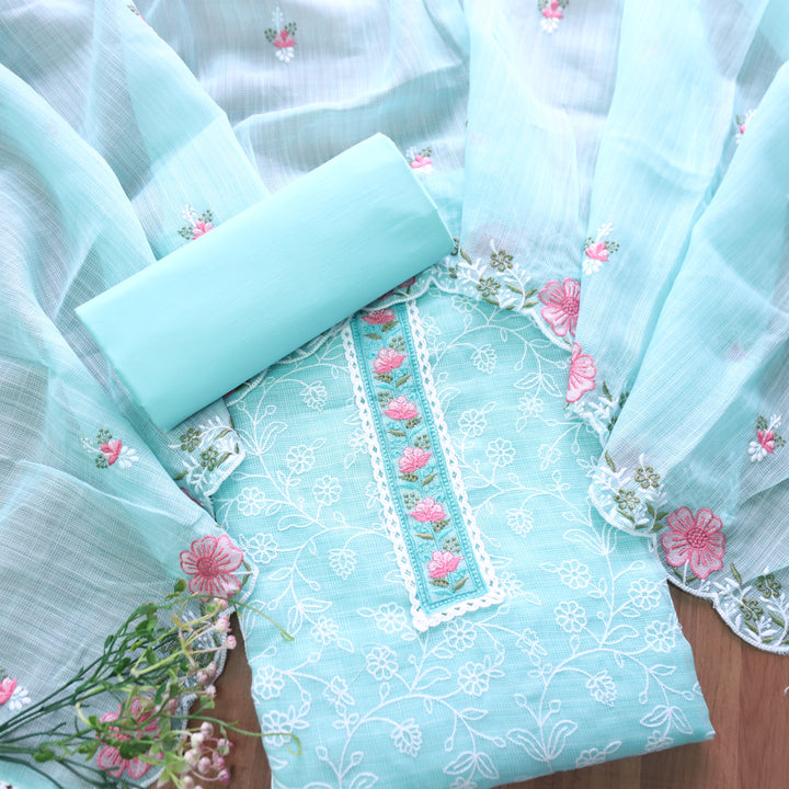 Mahi Aqua Qcean Floral Lace Patch in All Over Embroidered Kota Doriya Suit Set