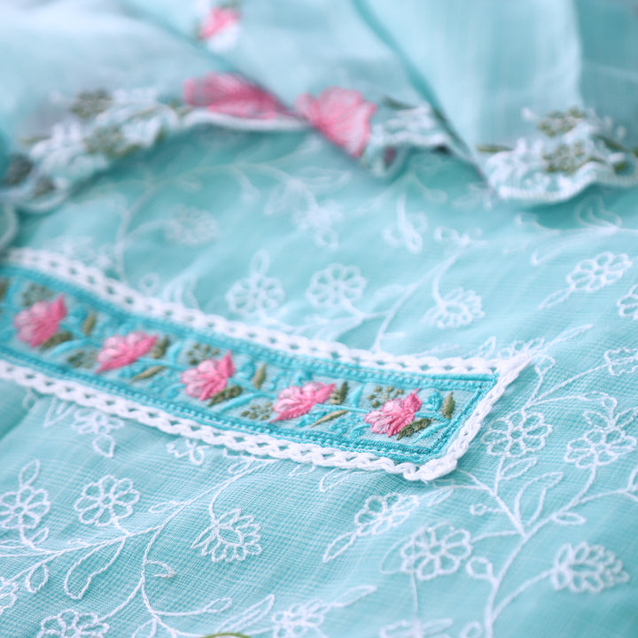 Mahi Aqua Qcean Floral Lace Patch in All Over Embroidered Kota Doriya Suit Set