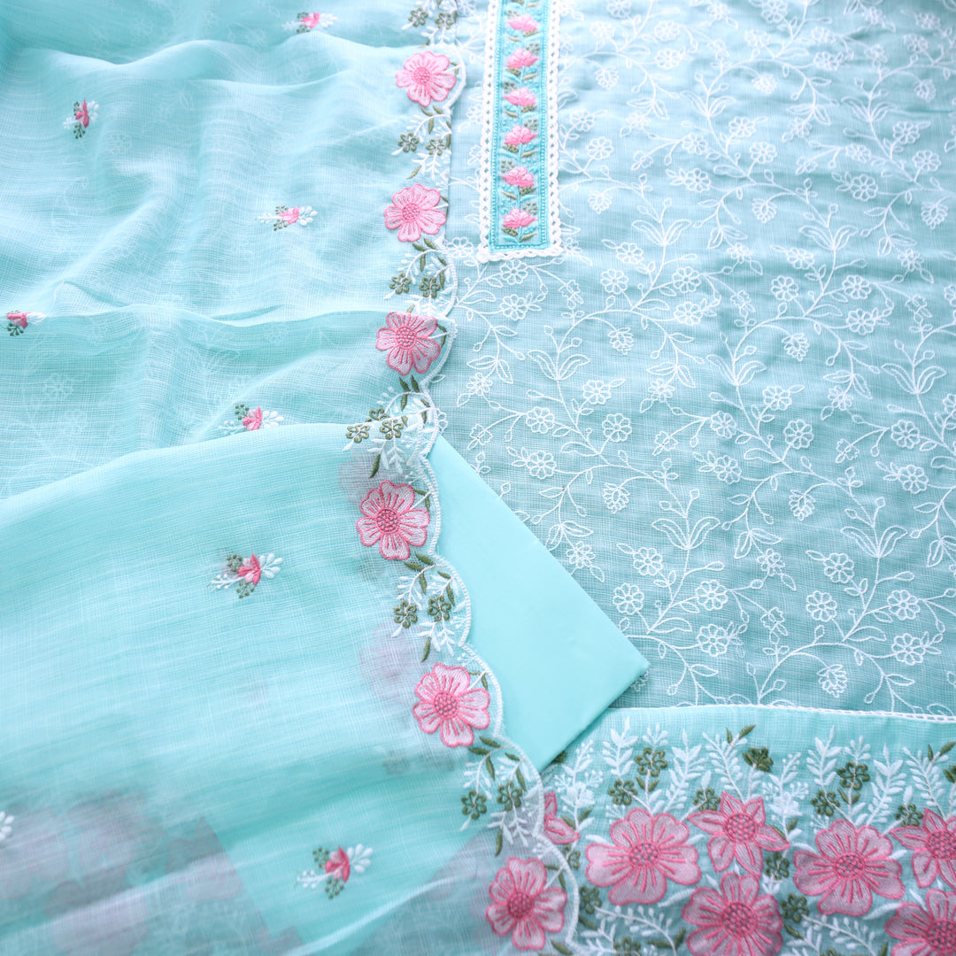 Mahi Aqua Qcean Floral Lace Patch in All Over Embroidered Kota Doriya Suit Set