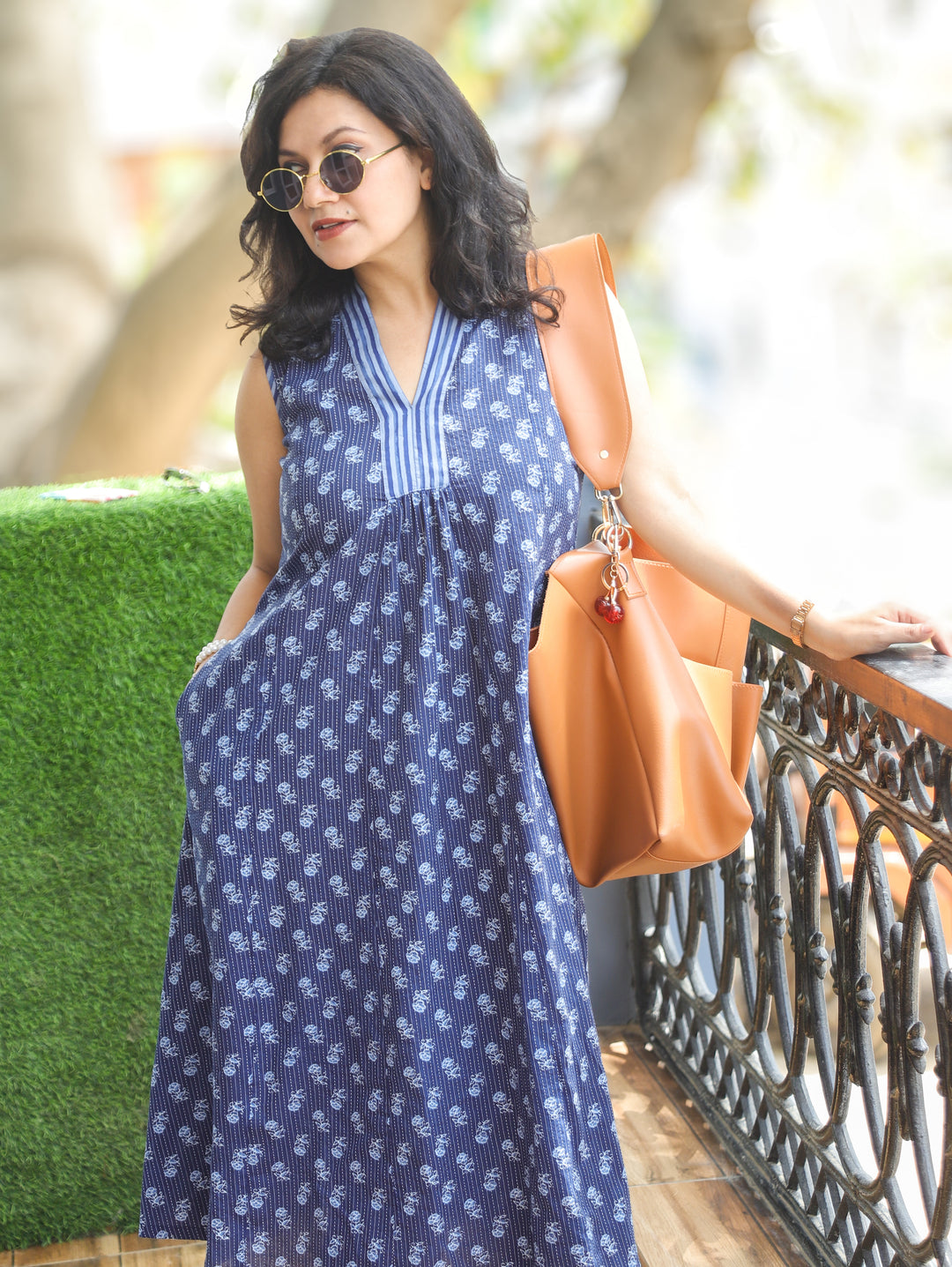 Eyana Navy Blue Running Stitch Cotton Dress