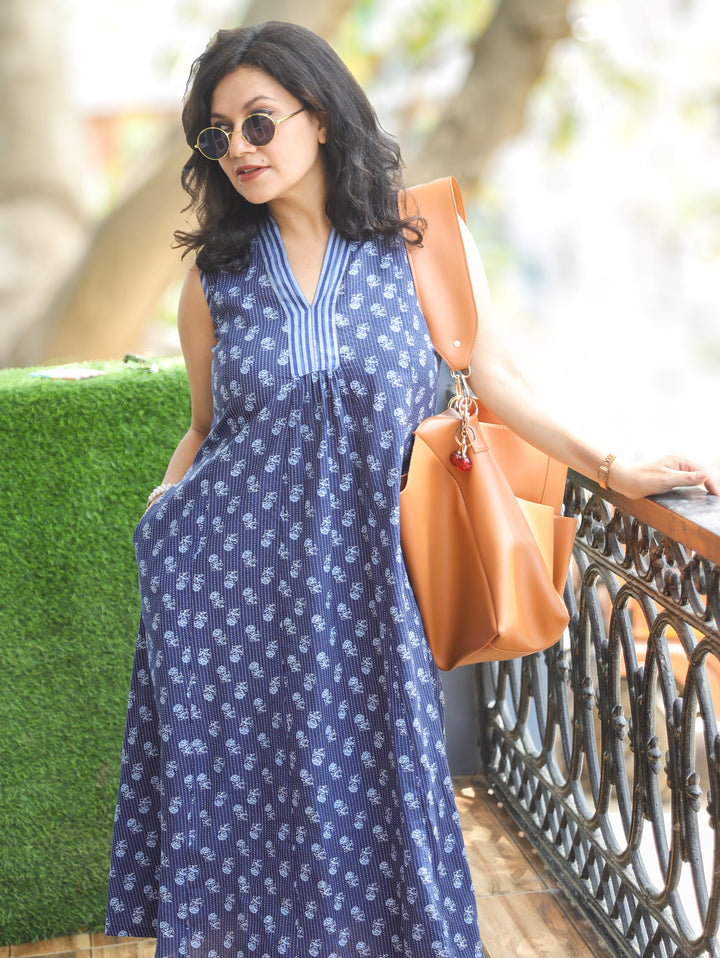 Eyana Navy Blue Running Stitch Cotton Dress
