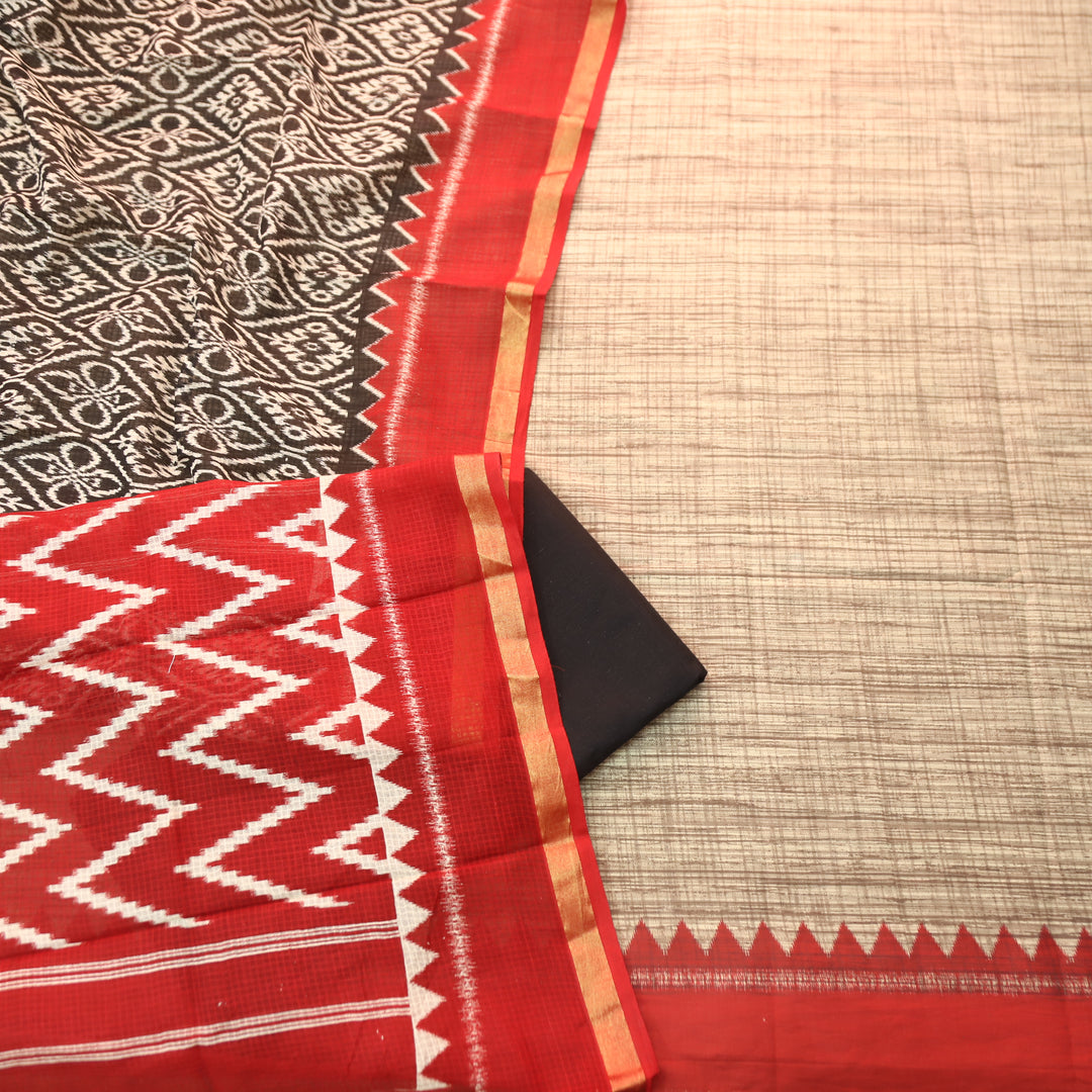 Bahara Beige with Temple Hem Printed Cotton top with Black Bottom Suit Set