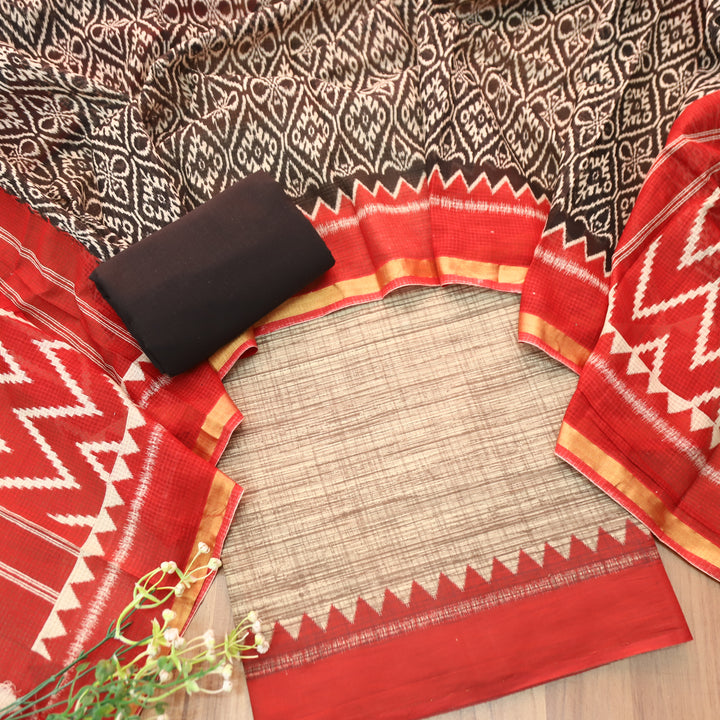 Bahara Beige with Temple Hem Printed Cotton top with Black Bottom Suit Set