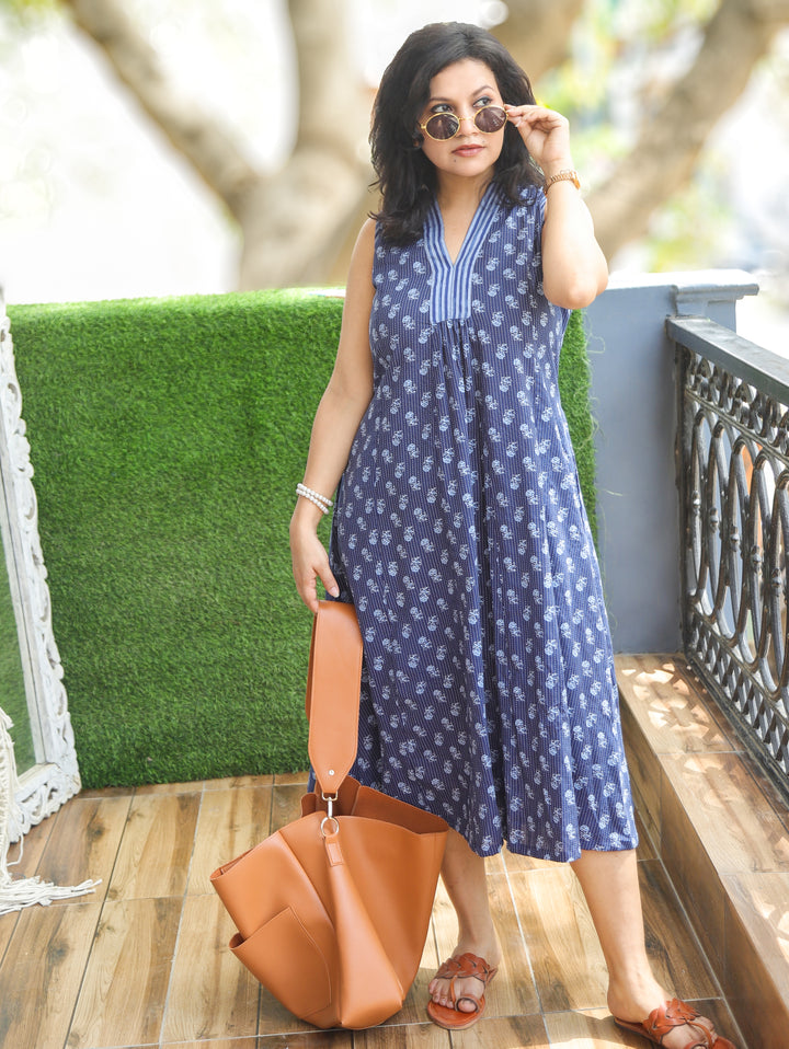 Eyana Navy Blue Running Stitch Cotton Dress