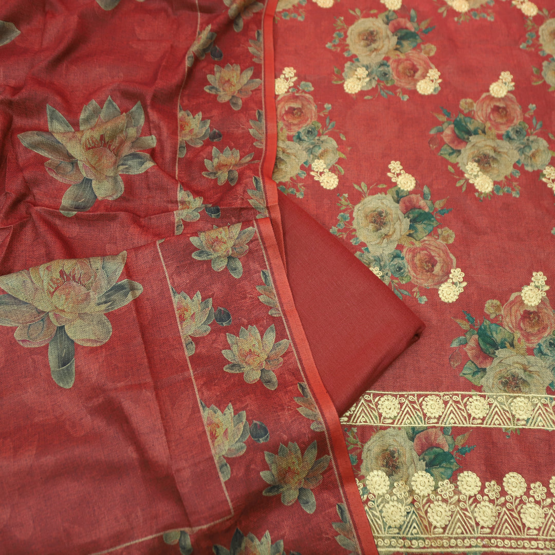 जस्सी Deep Cherry Red Floral Print in Embroidered Work Semi Pashmina Winter Set