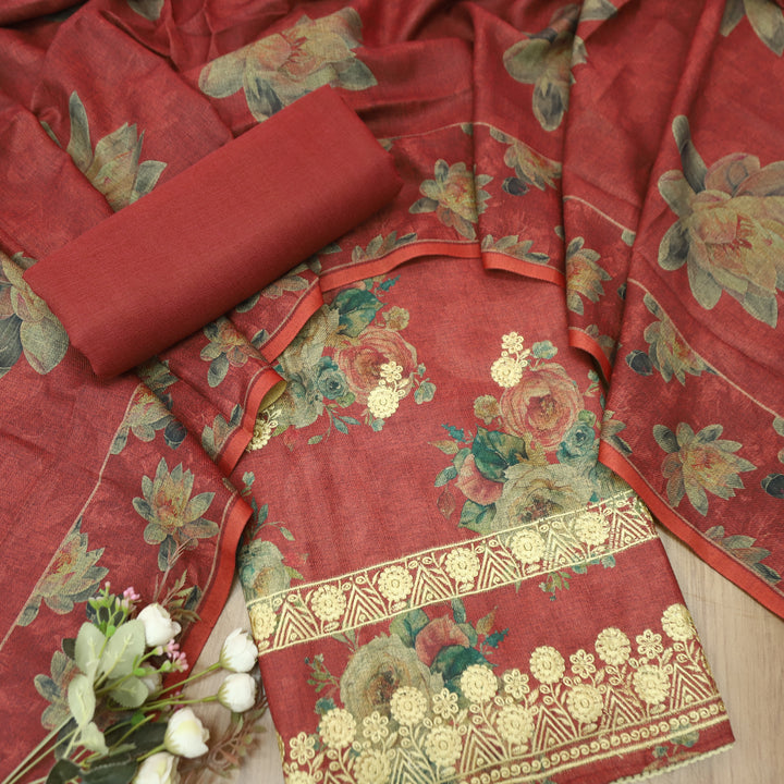जस्सी Deep Cherry Red Floral Print in Embroidered Work Semi Pashmina Winter Set
