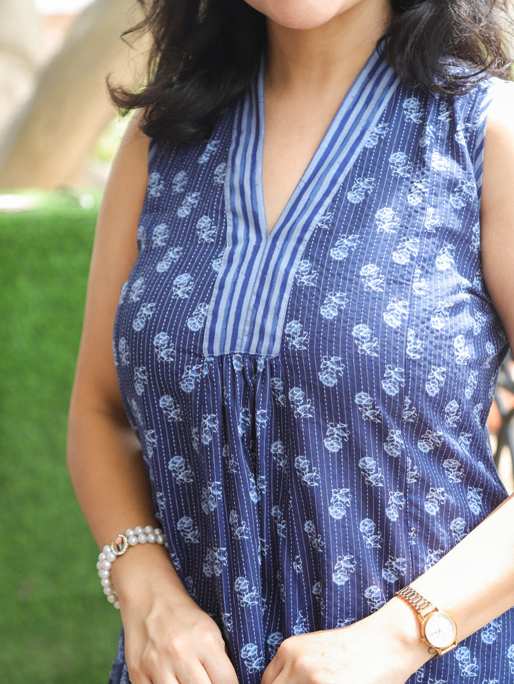 Eyana Navy Blue Running Stitch Cotton Dress
