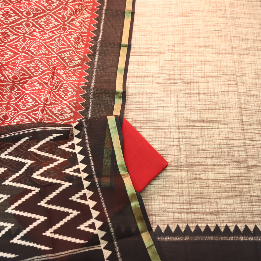 Bahara Beige with Temple Hem Printed Cotton top with Red Bottom Suit Set