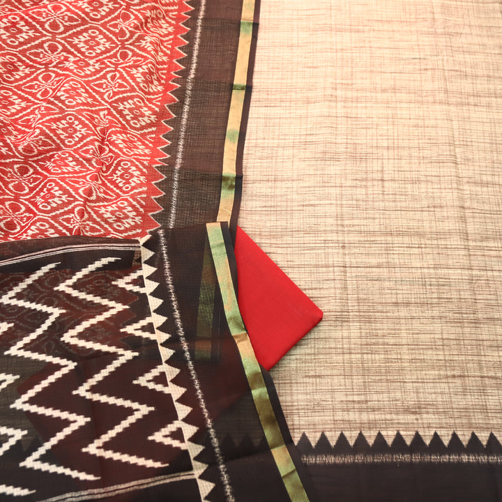 Bahara Beige with Temple Hem Printed Cotton top with Red Bottom Suit Set