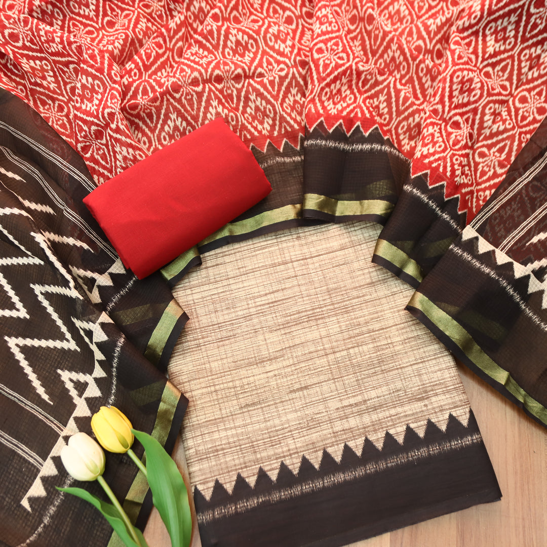 Bahara Beige with Temple Hem Printed Cotton top with Red Bottom Suit Set