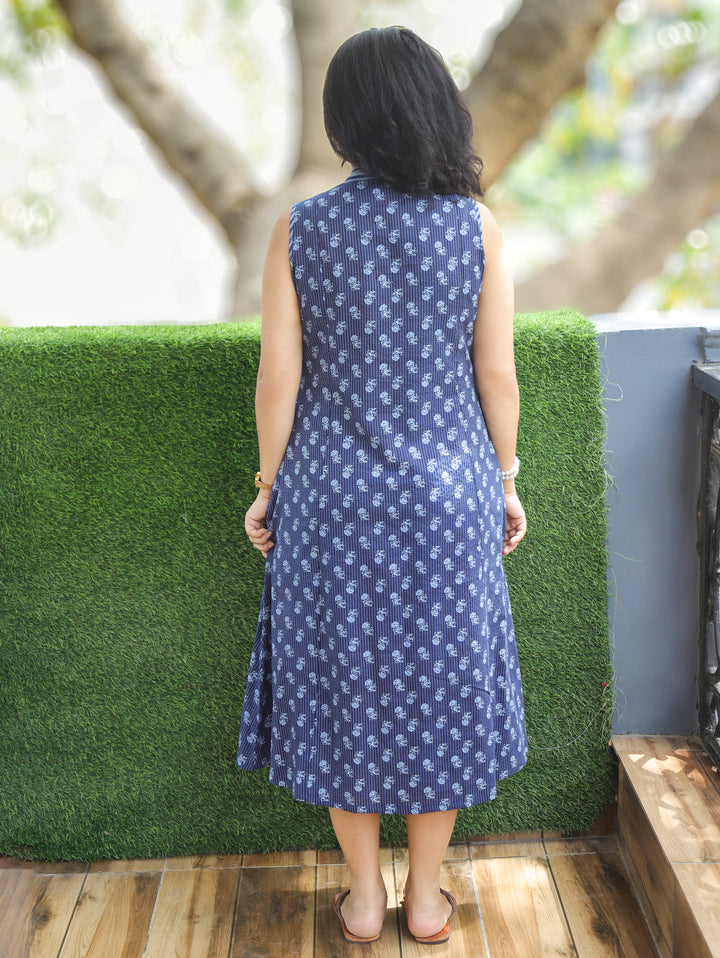 Eyana Navy Blue Running Stitch Cotton Dress
