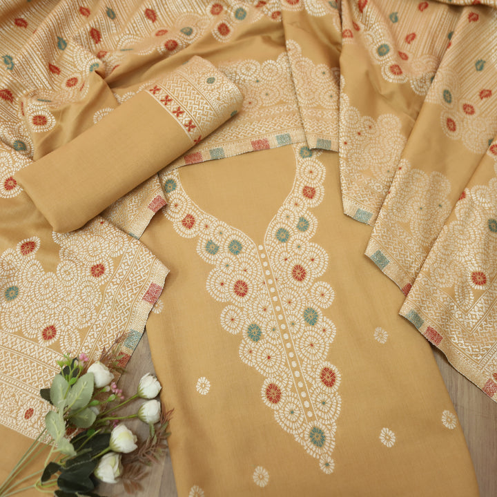 सांभवी Skin Beige Defined By Thread and Zari Weaved Neck Semi Pashmina Winter Set