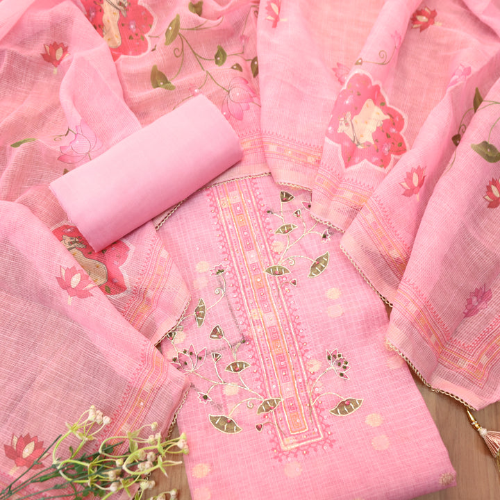 Satkara Powder Pink Zari with French Knot Work Pichwai Printed Kota Doriya Set