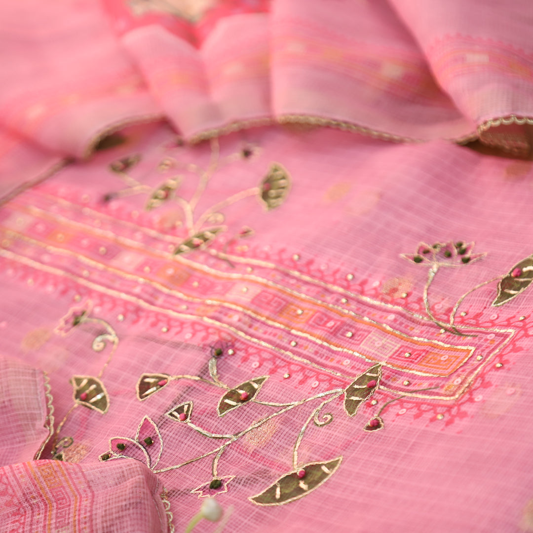 Satkara Powder Pink Zari with French Knot Work Pichwai Printed Kota Doriya Set