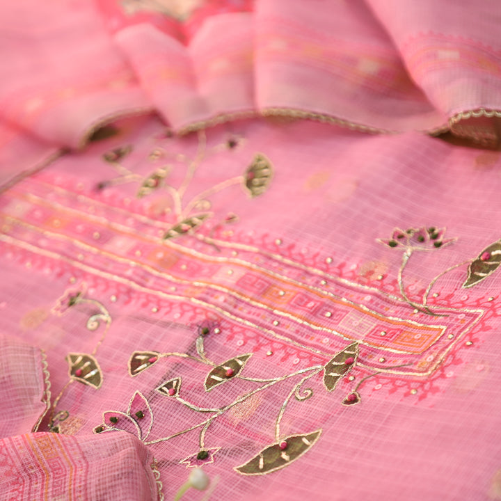 Satkara Powder Pink Zari with French Knot Work Pichwai Printed Kota Doriya Set