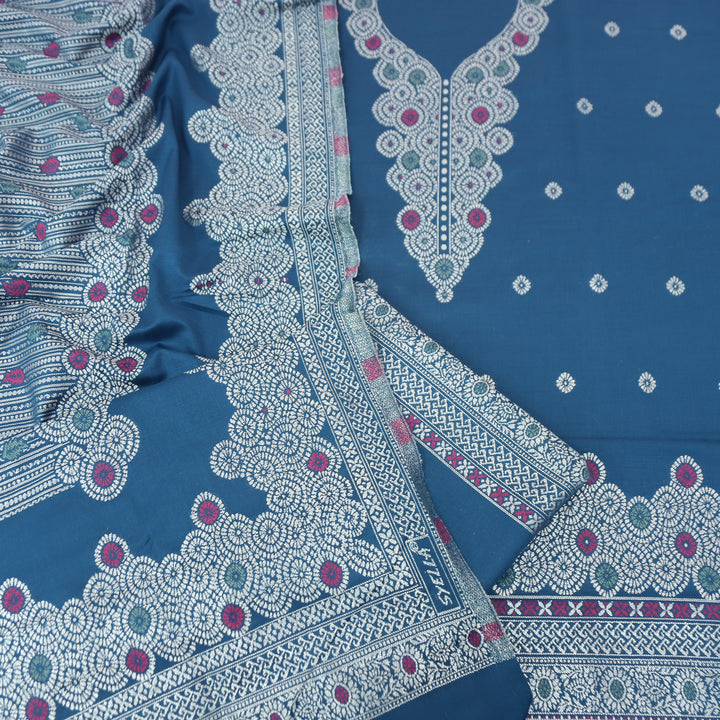 सांभवी Cerulean Blue Defined By Thread and Zari Weaved Neck Semi Pashmina Winter Set