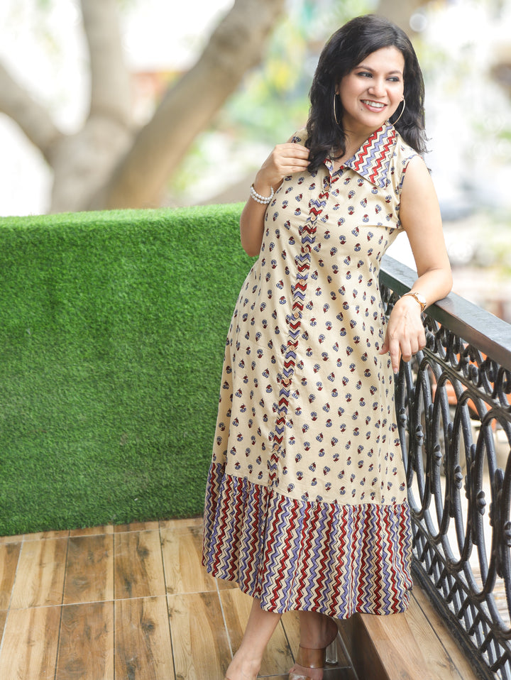 Asya Beige Sleeveless Ajrak Print Cotton Dress