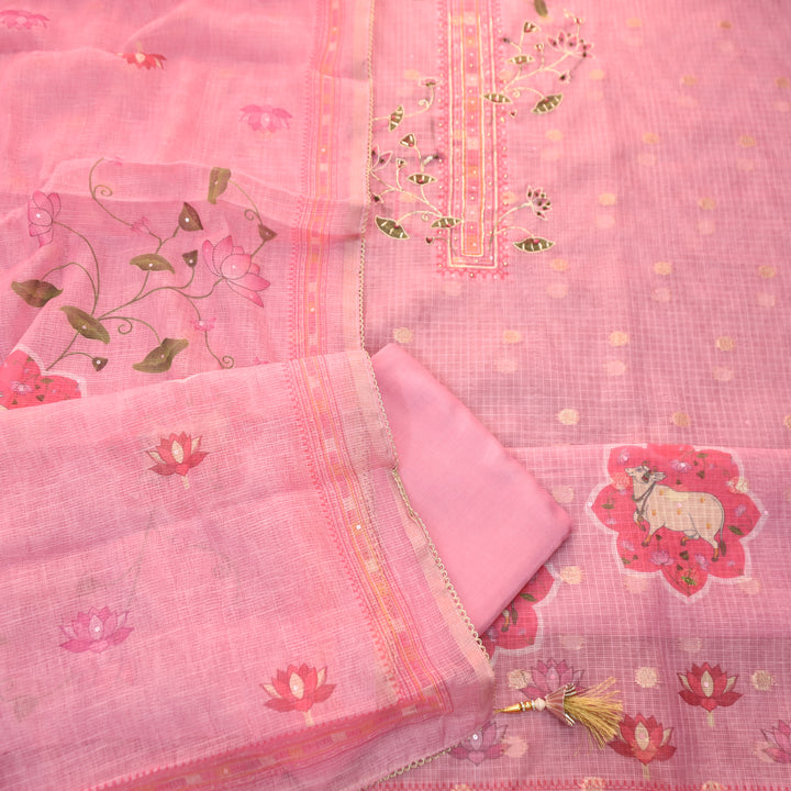Satkara Powder Pink Zari with French Knot Work Pichwai Printed Kota Doriya Set