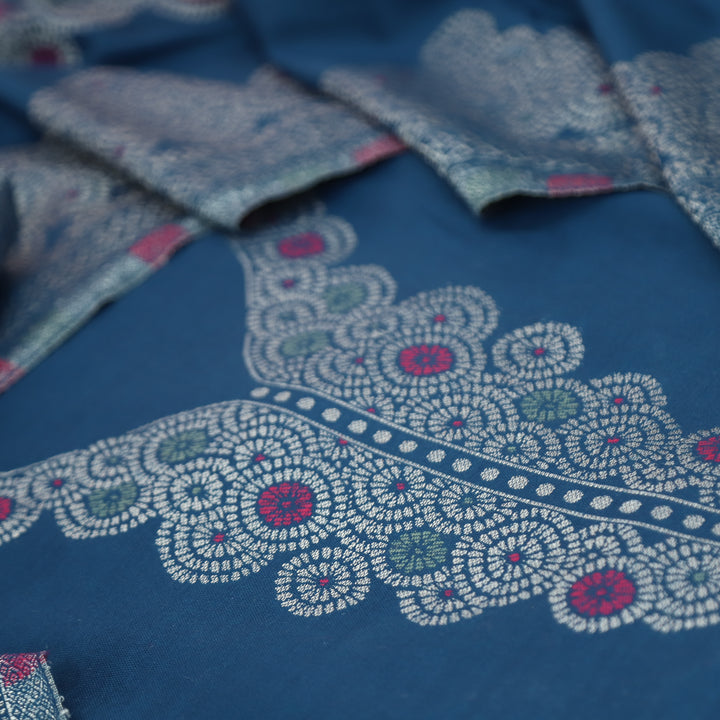 सांभवी Cerulean Blue Defined By Thread and Zari Weaved Neck Semi Pashmina Winter Set