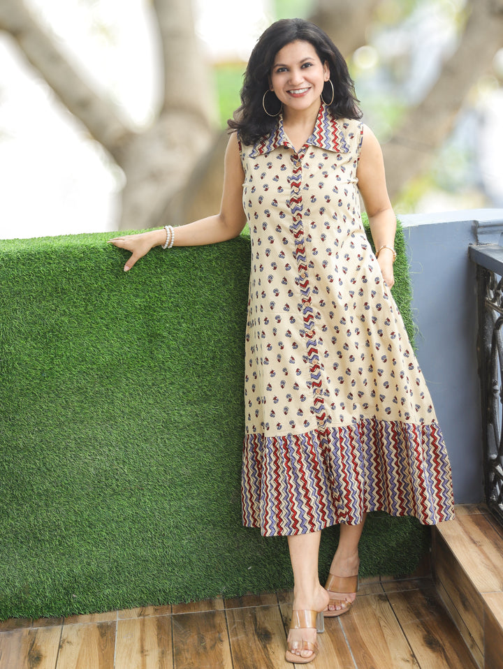 Asya Beige Sleeveless Ajrak Print Cotton Dress