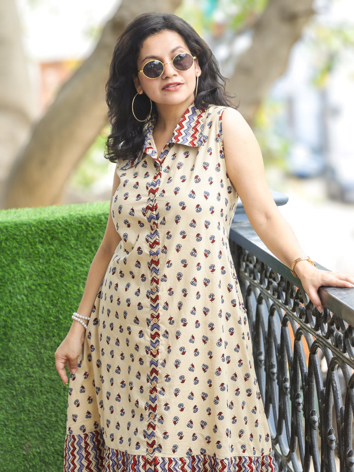 Asya Beige Sleeveless Ajrak Print Cotton Dress