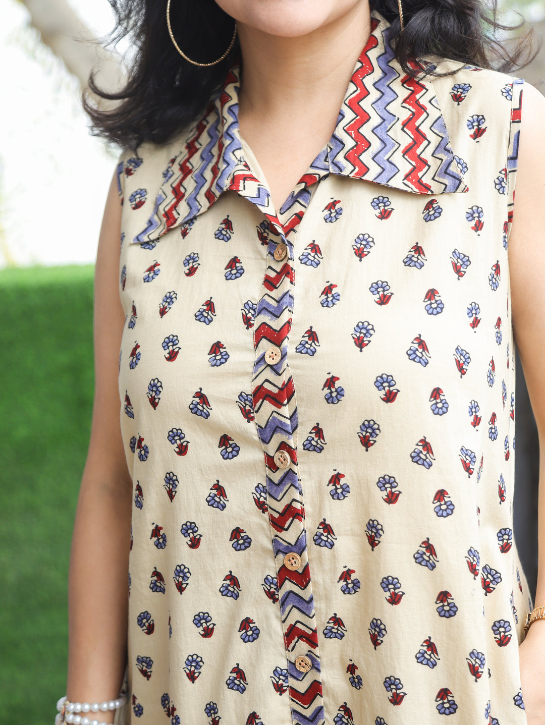 Asya Beige Sleeveless Ajrak Print Cotton Dress