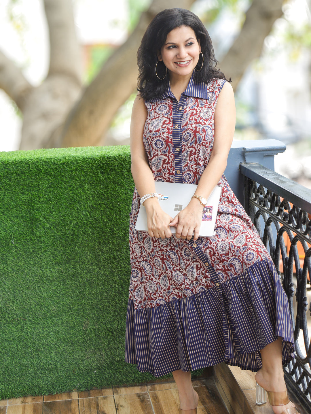 Asya Maroon Blue Sleeveless Ajrak Print Cotton Dress