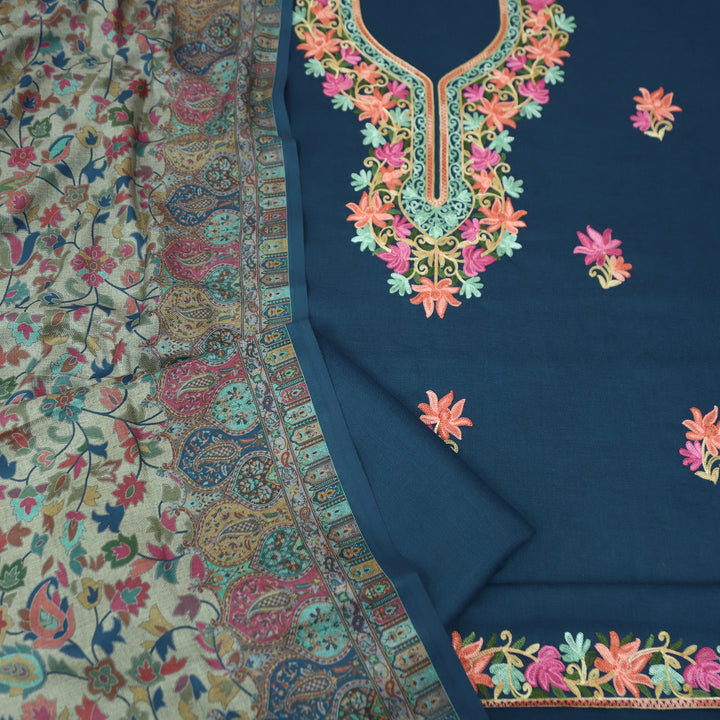 रुचिका Denim Blue with Colorful Kashida Embroidery Work Semi Pashmina Winter Set