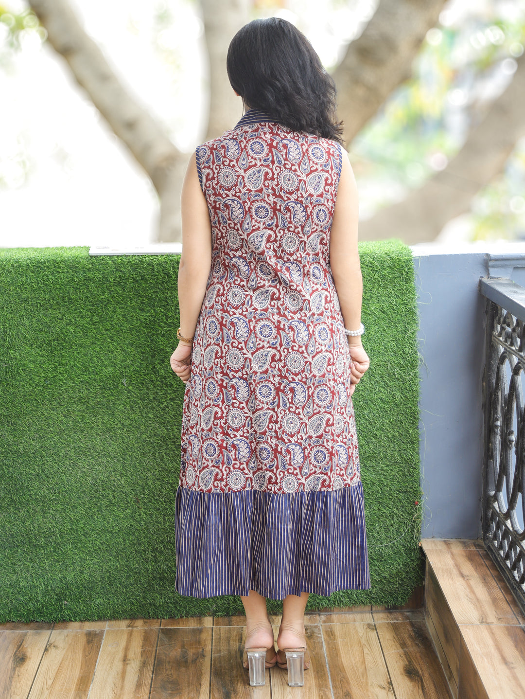 Asya Maroon Blue Sleeveless Ajrak Print Cotton Dress