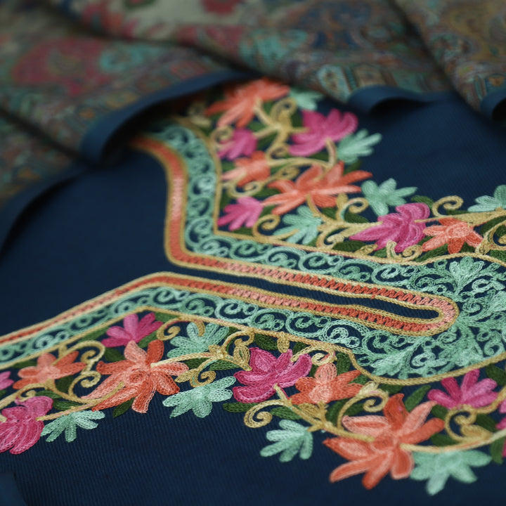 रुचिका Denim Blue with Colorful Kashida Embroidery Work Semi Pashmina Winter Set