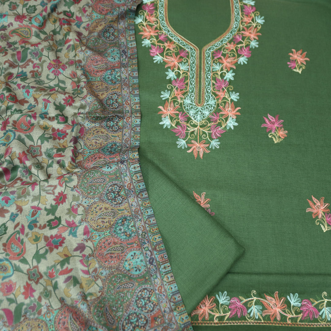 रुचिका Forest Green with Colorful Kashida Embroidery Work Semi Pashmina Winter Set