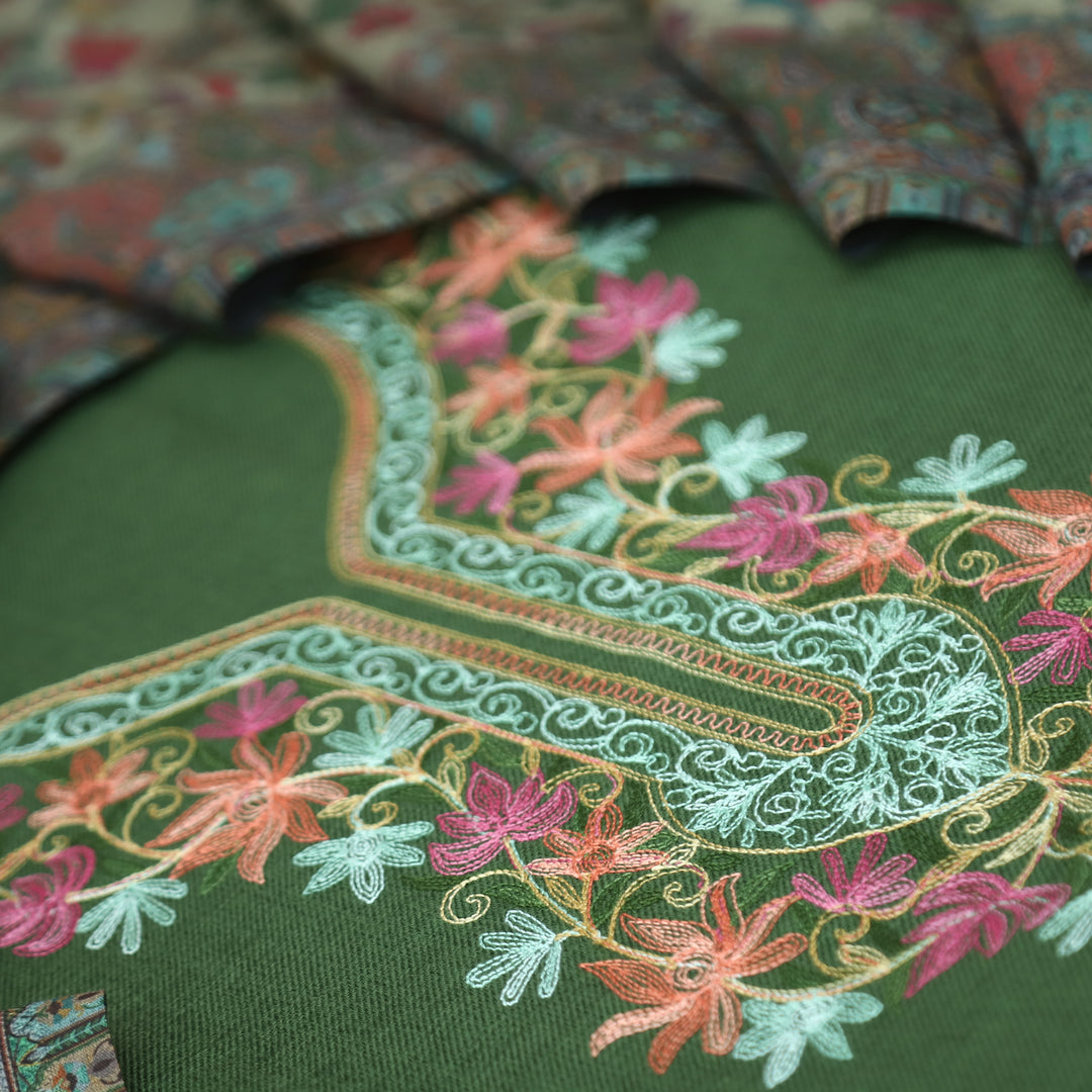 रुचिका Forest Green with Colorful Kashida Embroidery Work Semi Pashmina Winter Set