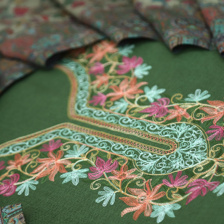 रुचिका Forest Green with Colorful Kashida Embroidery Work Semi Pashmina Winter Set