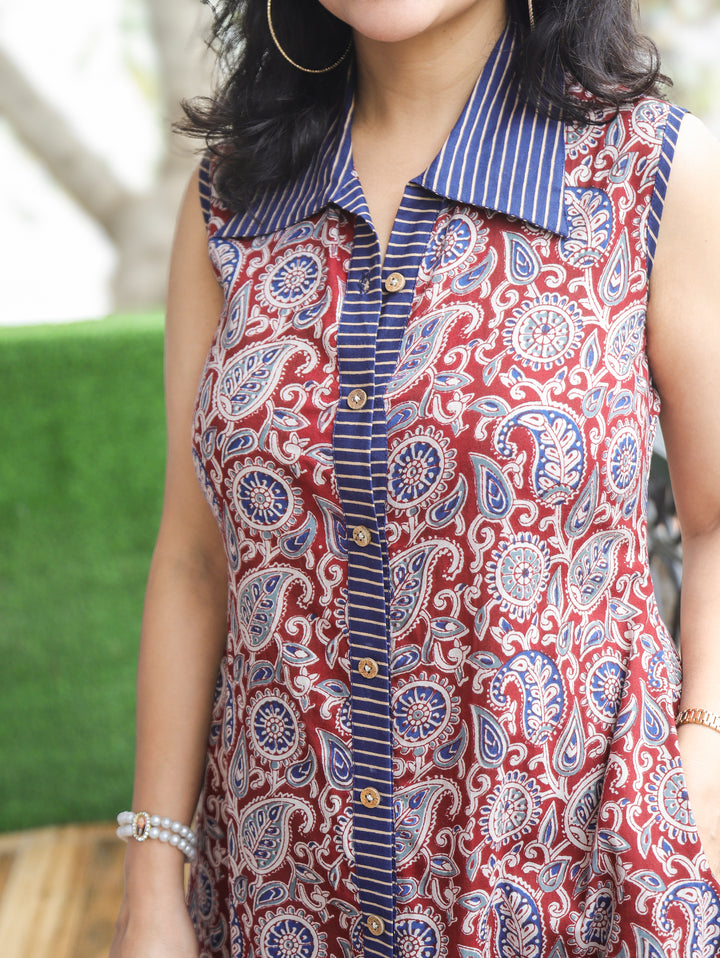 Asya Maroon Blue Sleeveless Ajrak Print Cotton Dress