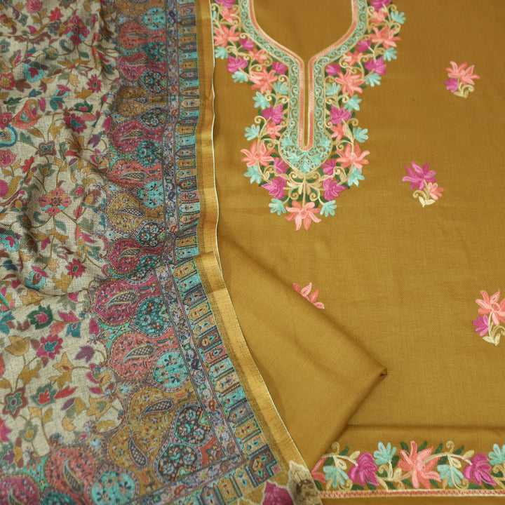 रुचिका Dijon Yellow with Colorful Kashida Embroidery Work Semi Pashmina Winter Set