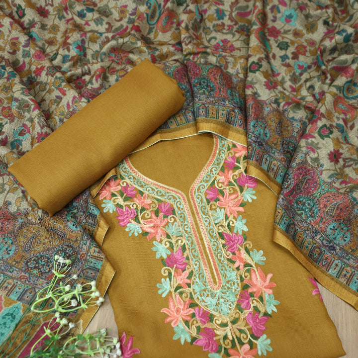 रुचिका Dijon Yellow with Colorful Kashida Embroidery Work Semi Pashmina Winter Set