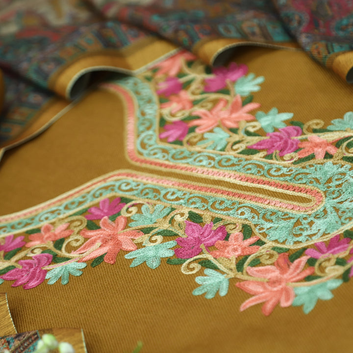 रुचिका Dijon Yellow with Colorful Kashida Embroidery Work Semi Pashmina Winter Set