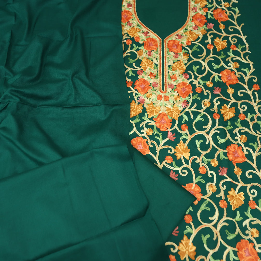 परशक्ति Dark Green Elegant Woven Kashida Embroidery Semi Pashmina Winter Set