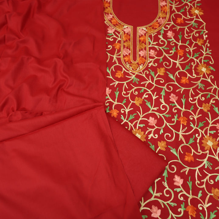 परशक्ति Cherry Red Elegant Woven Kashida Embroidery Semi Pashmina Winter Set