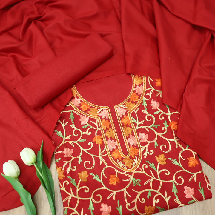परशक्ति Cherry Red Elegant Woven Kashida Embroidery Semi Pashmina Winter Set