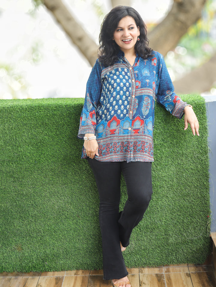Raajvi Royal Blue Digital Print Muslin Shirt