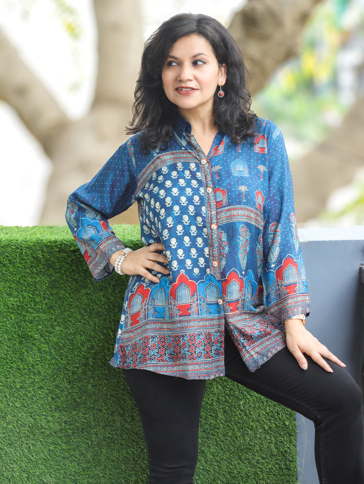 Raajvi Royal Blue Digital Print Muslin Shirt