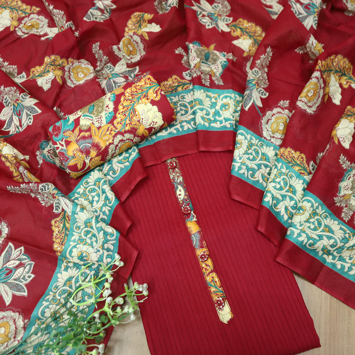 Aafeemi Bride Red with Button Work Patch in Pintuck Work Cotton Suit Set