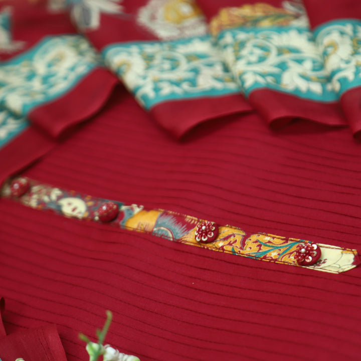 Aafeemi Bride Red with Button Work Patch in Pintuck Work Cotton Suit Set