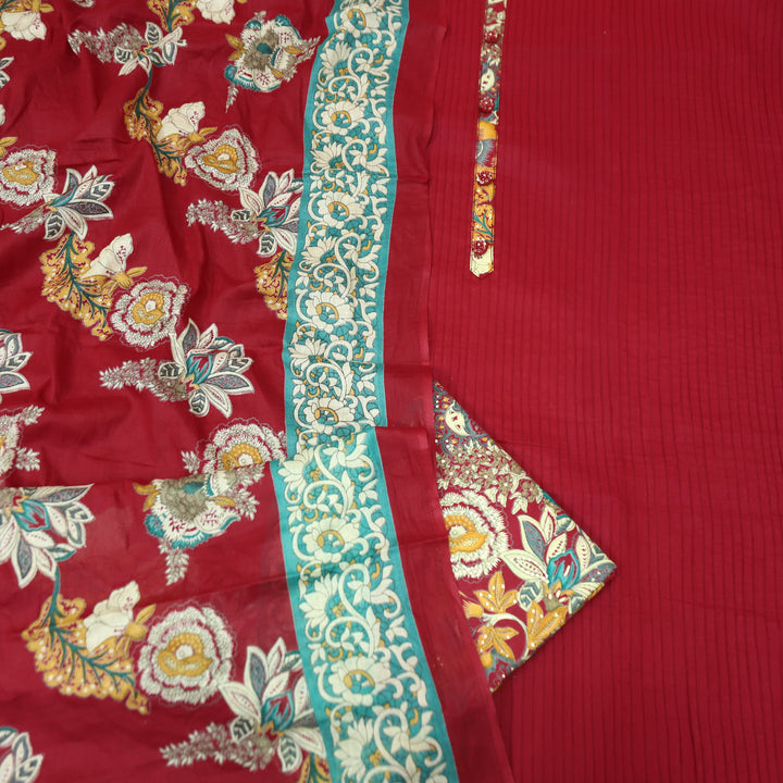 Aafeemi Bride Red with Button Work Patch in Pintuck Work Cotton Suit Set