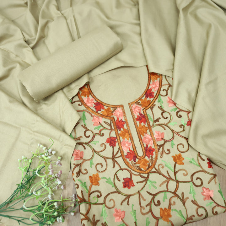 परशक्ति Sand Beige Elegant Woven Kashida Embroidery Semi Pashmina Winter Set